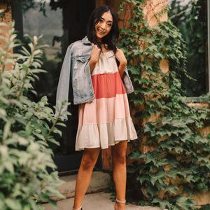 Color Block Ruffles Midi Dress In Pink